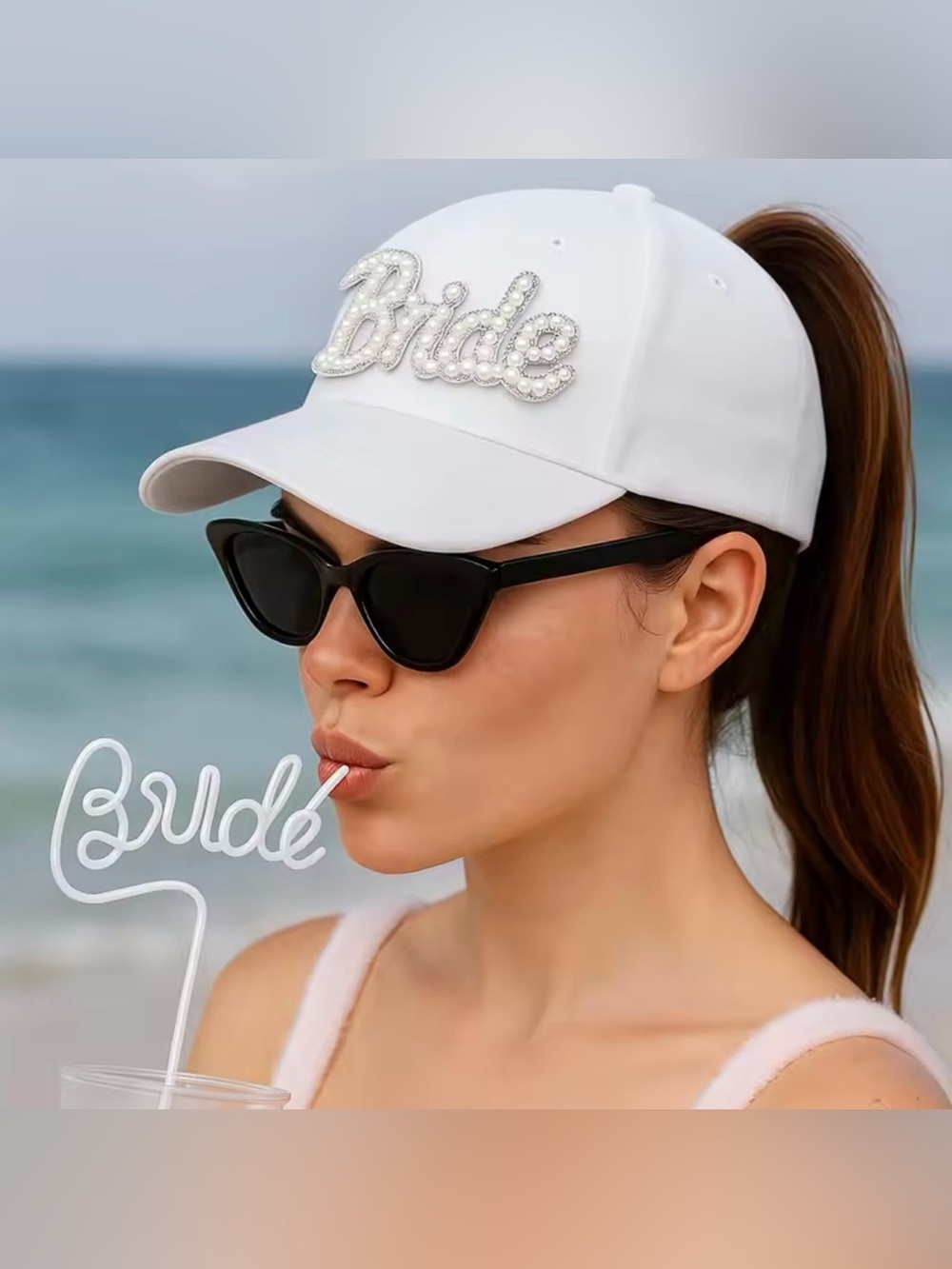 Macy's White 'Bride' Embellished Baseball Cap